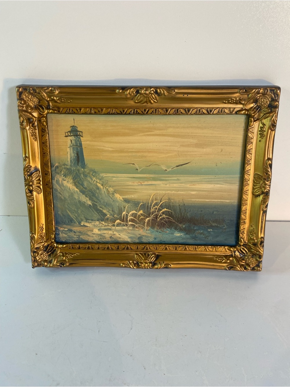 Vintage Miniature Nautical Oil Painting On Board Ornate Plastic Gold Frame
